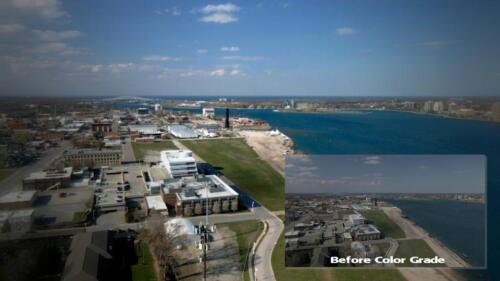 Before (inset) and after view St Clair River and Blue Water Bridge.